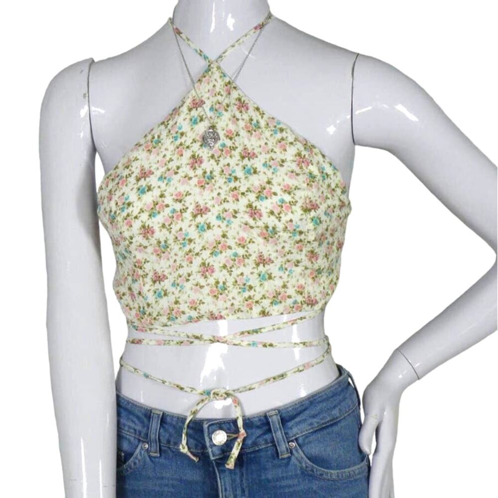 Honey Punch Floral Halter Crop Top Size XS Stretchy Back Ties at Waist